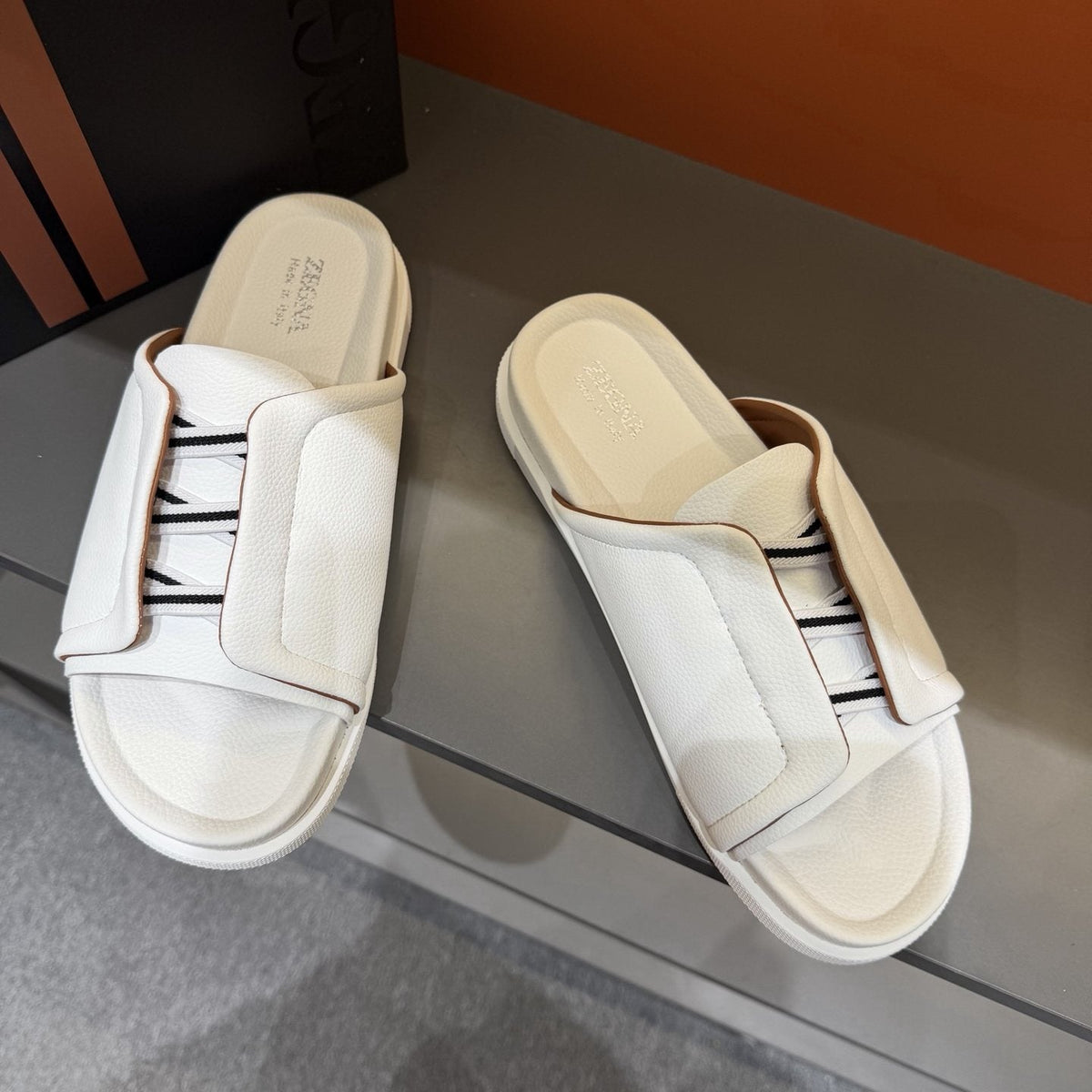 ZEGNA White Striped Slide Sandals — front