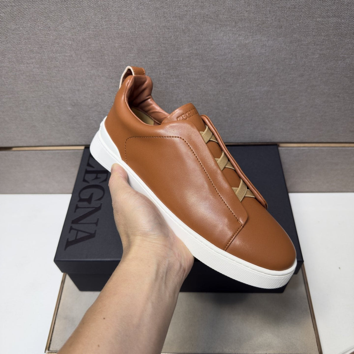 ZEGNA Brown Leather Slip-On Sneakers — model